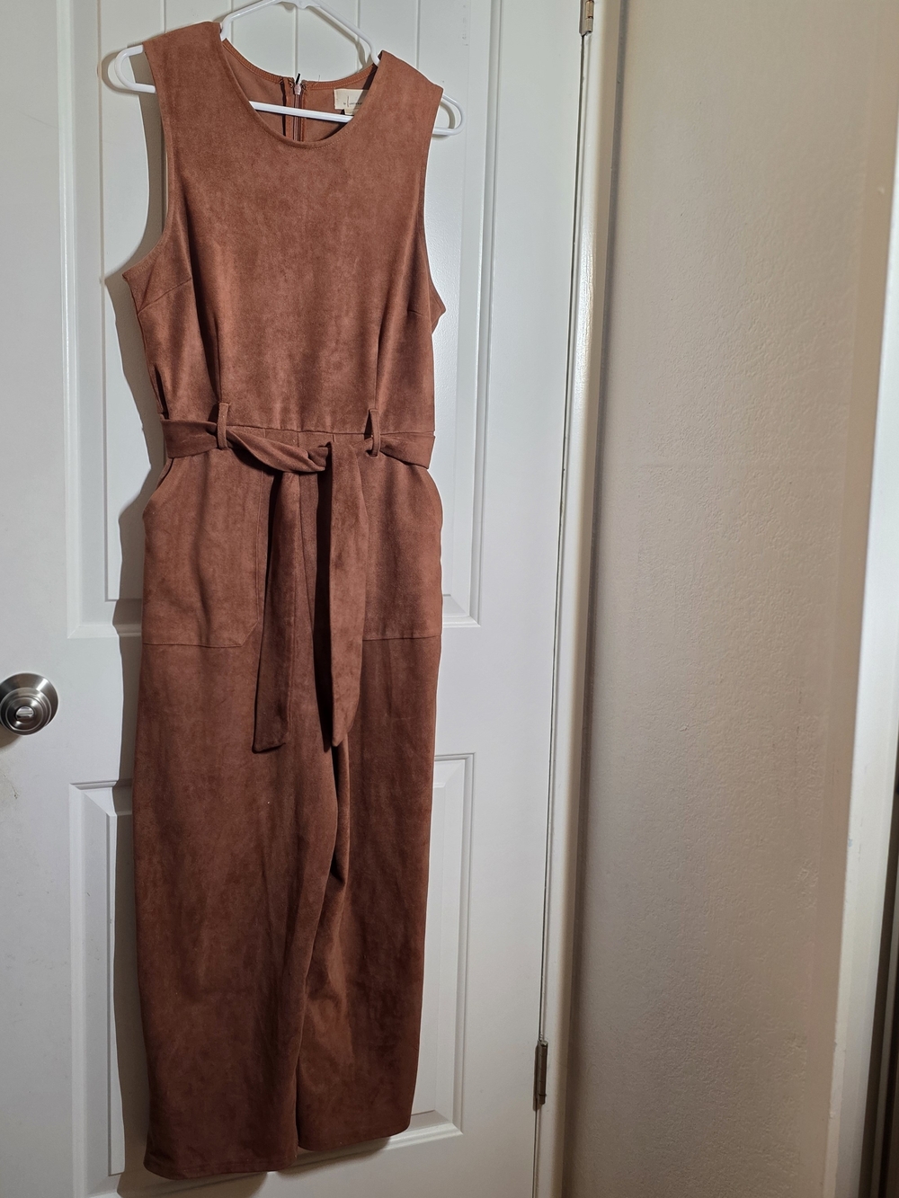 Anthropologie Faux-Suede Belted Jumpsuit in Rust Brown